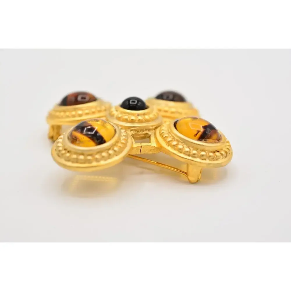 Danecraft Vintage Maltese Cross Brooch Multicolor Cabochon Brushed Gold Signed